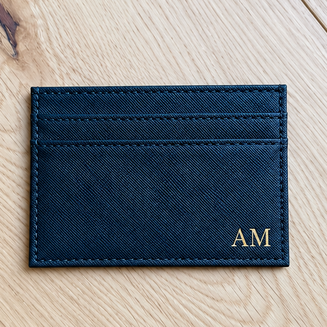 Two slim card holders shown side by side on a light wood surface, one in dark navy blue and one in burgundy red, both with gold monogram initials 'AM' in the lower right corner.