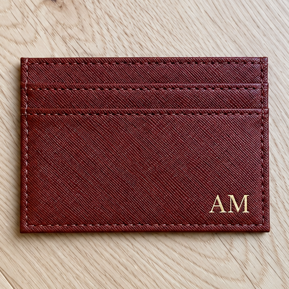 Two slim card holders shown side by side on a light wood surface, one in dark navy blue and one in burgundy red, both with gold monogram initials 'AM' in the lower right corner.